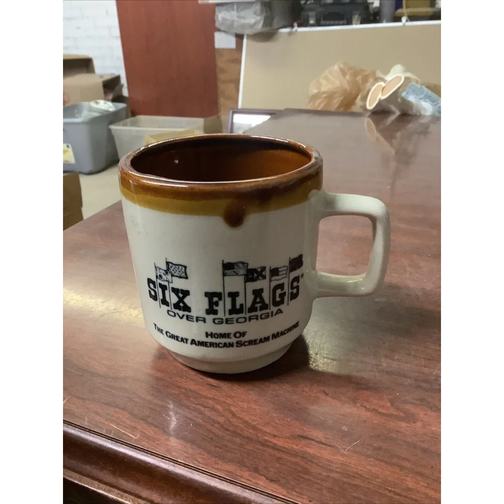 Six Flags Vintage Coffee Mug 1970’s Tea Cup Brown Glaze 4”